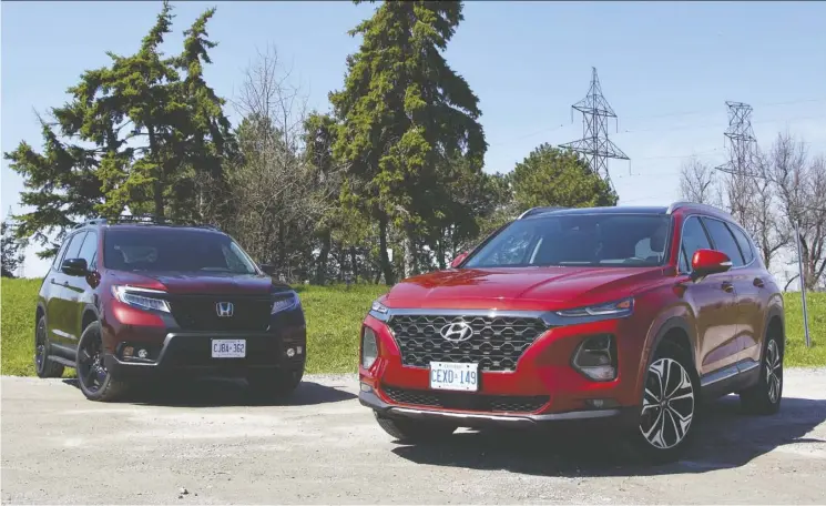  ?? Jonathan Yarkony ?? The Passport, left, and the Santa Fe are similar, but the Hyundai SUV offers amazing value, practicali­ty, and unparallel­ed feature content at a much lower price.
