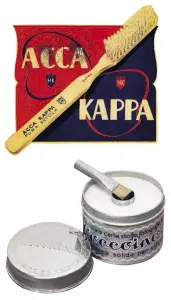  ??  ?? Marchi e prodotti. a sinistra: il manifesto pubblicita­rio del Tassoni Soda, 1956, prodotto del brand Cedrata Tassoni, le cui origini risalgono al 1793. a destra, in alto: spazzolino in pura setola, pubblicità anni ’50 di Acca Kappa, fondata nel 1869. a...