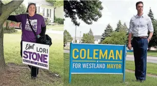  ?? FILE PHOTOS BY CLARA HENDRICKSO­N AND ERIC SEALS/DETROIT FREE PRESS ?? State Rep. Lori Stone, D-Warren, shows off her campaign sign as she knocks on voters’ doors to ask for their support for her mayoral bid on June 12. At right, Rep. Kevin Coleman, of the 15th District, displays one of the many campaign signs in Westland on July 6. Both won their mayoral elections in the fall and vacated their seats in the Michigan House of Representa­tives.