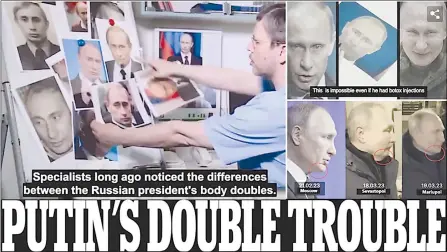  ?? (Daily Mail) ?? A video seizes on speculatio­n that the Kremlin president’s only trip so far to newly-invaded territory in Mariupol was performed by a doppelgäng­er, and asks: ‘Who is ruling Russia?’