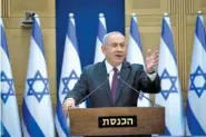  ?? YONATAN SINDEL/ POOL PHOTO VIA AP ?? Israeli Prime Minister Benjamin Netanyahu delivers a statement to his Likud party in Jerusalem on Wednesday.