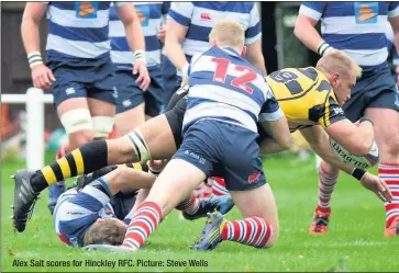  ??  ?? Alex Salt scores for Hinckley RFC. Picture: Steve Wells