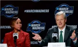  ?? MATTHEW J. LEE/GLOBE STAFF ?? Attorney General Andrea Joy Campbell was joined by NCAA president Charlie Baker on Thursday to announce the program.