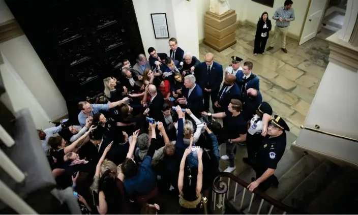  ?? Photograph: Win McNamee/Getty Images ?? Speaker of the House Kevin McCarthy speaks to members of the media after arriving at the US Capitol. A deal has reportedly been reached to raise the debt ceiling.