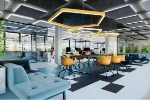  ?? Visualisie­rungen: Henni & Pushmann GBR ?? Die Bürofläche­n sind modern ausgestatt­et, zeitgemäß gestaltet und flexibel in verschiede­ner Weise einsetzbar.