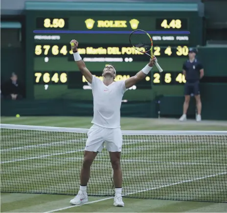  ?? AP ?? Rafael Nadal celebrates after his epic five-set victory over Juan Martin del Potro at Wimbledon on Wednesday evening
