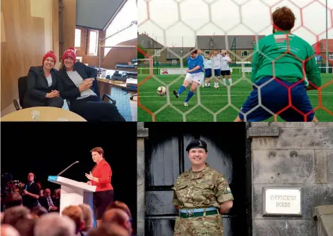  ??  ?? Above left: Davidson and Sturgeon get in the Christmas spirit. Above, clockwise fromtop left: Davidson with Olympic rower Katherine Grainger; Davidson takes her spot-kick; Davidson is Honorary Colonel of her former British Army regiment; addressing the Conservati­ve Party Conference.