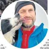  ?? ?? Sunrise on the Cuillins, Skye, main, and Carnethy Hill Runners president Mark Hartree celebrates his ninth Munro in one day with Collie Barra, inset