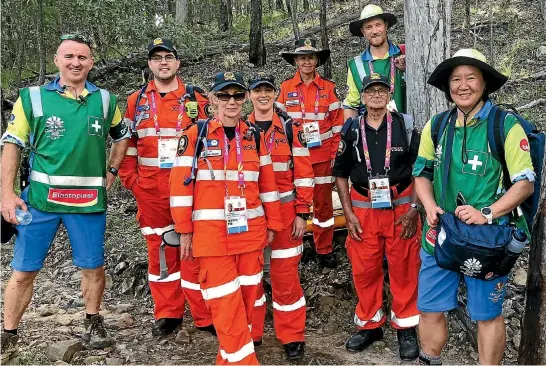  ??  ?? Waikato Hospital emergency physician Dr John Bonning, far left, with medical staff tasked with looking after mountain biking competitor­s and spectators at the Commonweal­th Games.