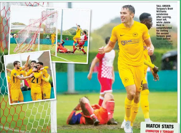  ?? PICTURE: Simon Carlton ?? TALL ORDER: Torquay’s Brett Williams celebrates after scoring, inset left, while Jamie Reid is congratula­ted for netting the second Torquay goal, inset bottom