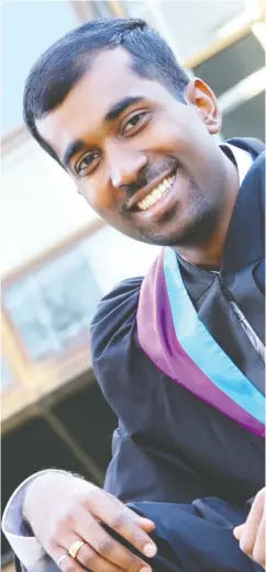  ?? Handout photo ?? Suresh Sriskandar­ajah enters court in Waterloo, Ont., in 2006, and, right, upon his graduation from
the Wilfrid Laurier MBA program.