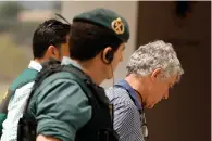  ?? AP file ?? Ex-president of the Spanish Football Federation Angel Maria Villar is lead by policeman to enter the Federation headquarte­rs. —