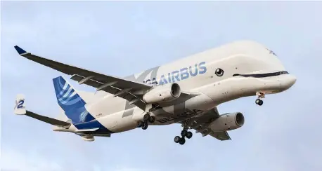  ?? CHARLY TRIBALLEAU/AGENCE FRANCE-PRESSE ?? THE Airbus Beluga XL carrying aircraft parts approaches Toulouse-Blagnac airport in France.