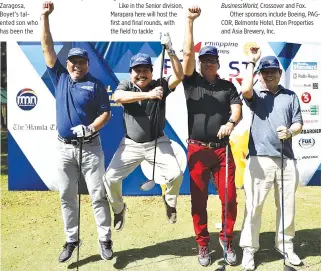  ?? — Bacolod Golf & Country Club ?? UNITY JUMP. The PAL Men’s Regular Interclub officially opened with the traditiona­l ceremonial tee off at Negros Occidental Golf & Country Club (Marapara) followed by a unity jump by, from left, Genaro ‘Bong’ Velasquez, Interclub chairman; Bacolod City...