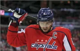  ?? ALEX BRANDON — THE ASSOCIATED PRESS ?? Washington Capitals left wing Alex Ovechkin (8), from Russia, scratches his back with his stick in the third period of an NHL hockey game against the New Jersey Devils, Saturday in Washington. The Capitals 5-2.