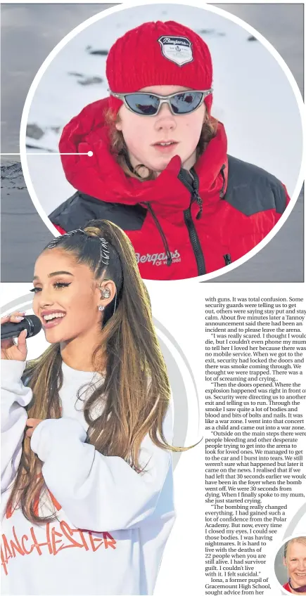  ??  ?? Iona, inset, during the Greenland trip before the bombing and, below left, pop star Ariana Grande sings in memory of the victims at a special tribute concert in Manchester