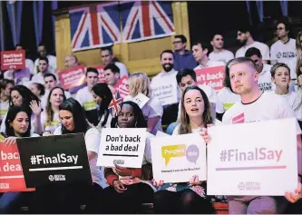  ?? JACK TAYLOR GETTY IMAGES ?? Pro-remain protesters take part in a London rally rejecting the Prime Minister's Brexit deal.