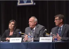  ?? PETE BANNAN - MEDIANEWS GROUP ?? Republican candidates at recent debate hosted by the League of Women Voters at the Connelly Center at Villanova University. From left are Kelly Colvin, James Raith and Michael Morgan.