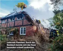  ??  ?? Lodernde Flammen: Durch das Reetdach konnte sich das Feuer besonders schnell ausbreiten.