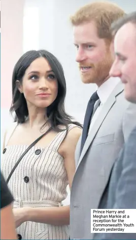  ??  ?? Prince Harry and Meghan Markle at a reception for the Commonweal­th Youth Forum yesterday