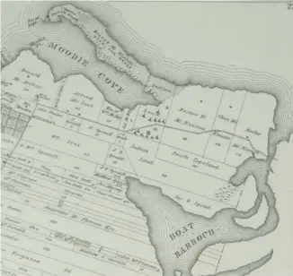  ?? CONTRIBUTE­D/THE NEWS ?? Map from the 1879 Illustrate­d Historical Atlas of Pictou County, and it reflects changes to the reserve up until 1878. The section that borders Moodie Cove (rectangula­r with wigwams on it) is the original reserve created in 1864.