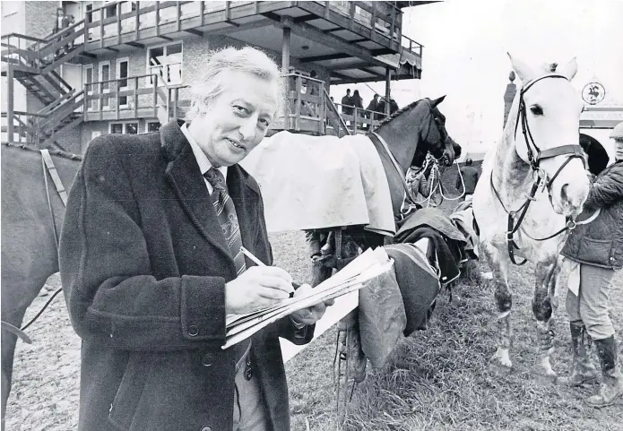  ??  ?? A SURE THING: Ron Pollard in 1978 at Hickstead in West Sussex, checking out the runners before a big race. The legendary bookmaker pioneered betting on politics and things other than horses.