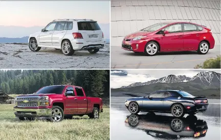  ??  ?? Clockwise from top left: J.D. Power ranks the Mercedes-Benz GLK, Toyota Prius, Dodge Challenger, and Chevy Silverado among the most dependable vehicles over three years.