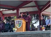  ?? ?? Left to right, Fairview High School graduates Valleria Villa and Nadia Gonzalaz welcome the crowd at the Oakdale School and Fairview High School graduation Thursday at DeGarmo Park in Chico.