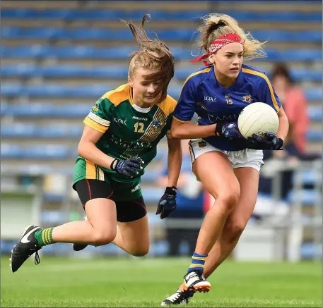  ??  ?? Orla O’Dwyer of Tipperary takes on Katie Newe during the TG4 Ladies All-Ireland Intermedia­te semi-final.