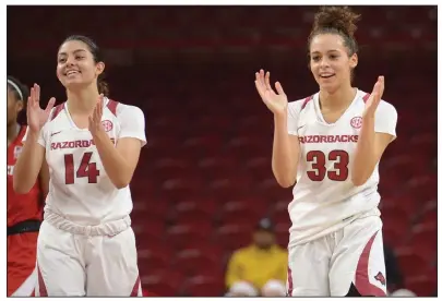  ?? (NWA Democrat-Gazette/Andy Shupe) ?? Jailyn Mason (14) and Chelsea Dungee will lead the University of Arkansas women into a first-round NCAA Tournament contest Monday against Wright State. The Razorbacks are the No. 4 seed in the Alamo Region.