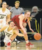  ?? MATTHEW JONAS/DAILY CAMERA/ASSOCIATED PRESS ?? Colorado's Haley Smith and Stanford's Alanna Smith battle for a loose ball in Sunday’s Cardinal victory