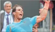  ??  ?? Rafael Nadal of Spain celebrates after defeating Stefanos Tsitsipas of Greece during a semifinal match at the Italian Open tennis tournament, in Rome on Saturday. Nadal won 6-3, 6-4.