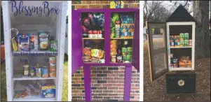  ?? Submitted photo ?? BLESSING BOXES: Three of the eight Blessing Boxes in Garland County, from left, in front of Walmart on Highway 7 north; at Fountain Lake School; and at the Hot Springs School District administra­tion building.