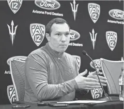  ?? ROB SCHUMACHER/THE REPUBLIC ?? Arizona State coach Kenny Dillingham speaks to the media at the Carson Student Athletic Center in Tempe on Feb. 2.