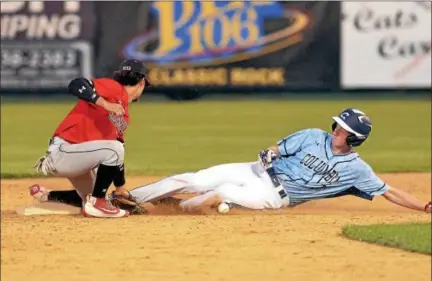  ?? STAN HUDY - SHUDY@DIGITALFIR­STMEDIA.COM ?? Columbia senior Danny Watson slides safely into second base on a steal in the bottom of the seventh inning Saturday nighta against Baldwinsvi­lle in the NYSPHSAA Class AA Regional at Joe Bruno Stadium.