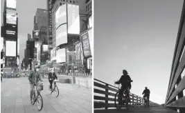  ?? AP 2020 ?? People ride bicycles last year in New York’s Times Square, left, and in Gulf State Park in Gulf Shores, Alabama, The loss of life from the pandemic isn’t going to be reflected in the U.S. population count used for divvying up congressio­nal seats among states.