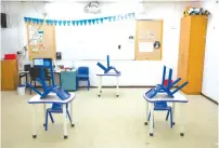  ?? ( Olivier Fitoussi/ Flash90) ?? AN EMPTY classroom at the Keramim School in Jerusalem yesterday. Finance Minister Israel Katz sought at the cabinet meeting to allow businesses to operate even before resuming classes for grades 1- 4.