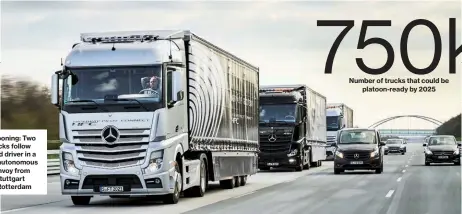  ??  ?? Platooning: Two trucks follow a lead driver in a semiautono­mous convoy from Stuttgart to Rotterdam