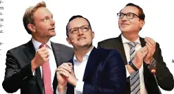  ??  ?? Interessie­rte Blicke auf Österreich: Christian Lindner (FDP), Jens Spahn (CDU) und Alexander Dobrindt (CSU, v.l.) wäre eine konservati­v aufgestell­te schwarz-gelbe Koalition in Berlin am liebsten.