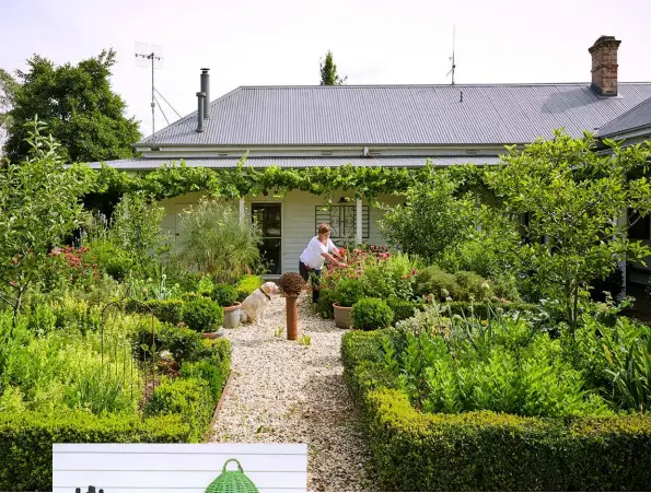  ??  ?? ABOVE: Georgie in the formal garden, which features a barbed wire sculpture. LEFT: Georgie bought the wicker bird cage because “I just loved it as an object,” she says. “It was never going to be for a bird to live in.” OPPOSITE: The sitting room with...