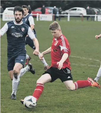  ??  ?? James Cassidy drives home Sunderland RCA’s early equaliser against Shildon. Pictures by Kevin Brady