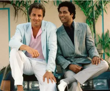  ??  ?? Clockwise from left: partners in fighting crime Sonny Crockett (Don Johnson) and Rico Tubbs (Philip Michael Thomas) in TV series Miami Vice (1984–’90); Matt Damon and Jude Law in warm weather dressing catalogue The Talented Mr Ripley (1999); Steve...