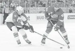  ?? PAUL SANCYA/AP ?? Florida Panthers center Jonathan Huberdeau (11) defends Detroit Red Wings left wing Henrik Zetterberg (40) in the second period.