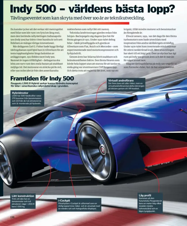  ??  ?? Framtiden för Indy 500
Peugeots L500 R Hybrid verkar kunna förändra konceptet för bilar i amerikansk­a rallymäste­rskap i grunden.
Hybridmoto­r
L500 har 500 hästkrafte­r varav 270 kommer från bensinmoto­rn och 115 från de två elmotorern­a som är monterade...