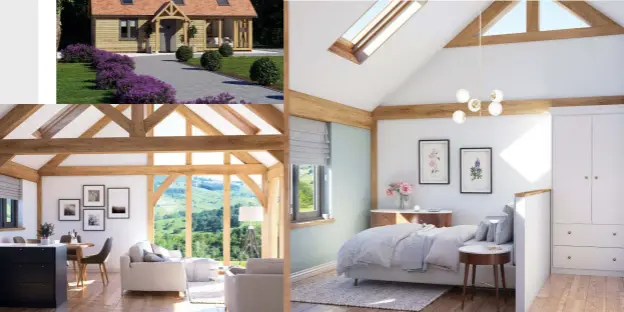  ?? ?? Left: Three-bay annexe with weatherboa­rding
Below left: Openplan kitchen/dining/ living area with vaulted ceiling and oak trusses Below: There is plenty of room for a bedroom and an en suite, too