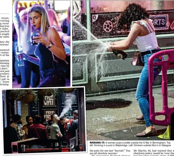  ??  ?? RISKING IT: A woman pops a bottle outside the O Bar in Birmingham. Top left: Drinking in a pub in Stalybridg­e. Left: Drinkers outside Nico’s in Glasgow