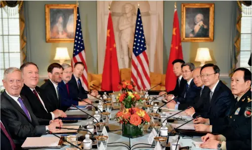  ??  ?? November 9, 2018: Yang Jiechi (second right), member of the Political Bureau of the Communist Party of China (CPC) Central Committee, and Chinese Defense Minister Wei Fenghe (right) meet with U. S. Defense Secretary Jim Mattis (left) and U. S. Secretary of State Mike Pompeo (second left) during the China- U. S. Diplomatic and Security Dialogue at the State Department in Washington, DC. VCG