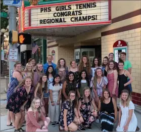  ?? PHOTO PROVIDED ?? Last year’s PHS girls tennis team is pictured after its team banquet. First row: Emma
Warren, Aubrey Vervynckt, Mary Beatty, Kyla Heckaman, Kenzie Snyder; Second
row: Audie Plowthow, Annie Phend, Katie Fishback, Alexa Orozco, Estrella Orozco, Sydni Weir; Third row: Miranda German, Maddy Figg, Olivia Newcomb, Fernanda Cortes, Alexxa Howard, Avery Christy, Alaina Clady, Mia Rachenze, Makenna Carmichael, Erin Renneker, Olive Stanton; Fourth row: Coach Kim Riddle, Coach Brad Haeck, Mgr. Hugh Smith, Mgr. Grant Houin