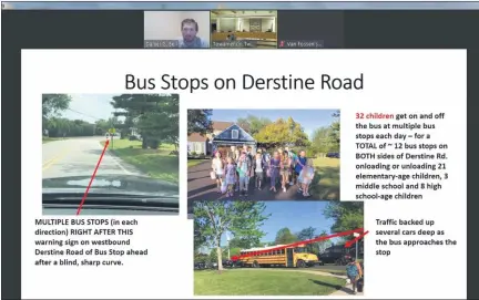  ?? SCREENSHOT OF ONLINE MEETING ?? Towamencin supervisor Dan Bell, inset top left, and the rest of the board of supervisor­s view a presentati­on from neighbors concerned about truck traffic along Derstine Road, during the board’s Aug. 12 meeting.