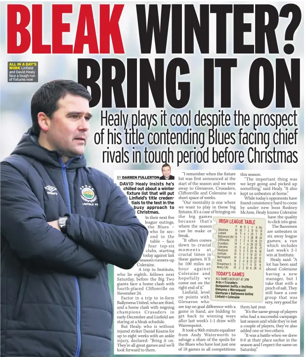  ??  ?? ALL IN A DAY’S WORK Linfield and David Healy face a tough run of fixtures now